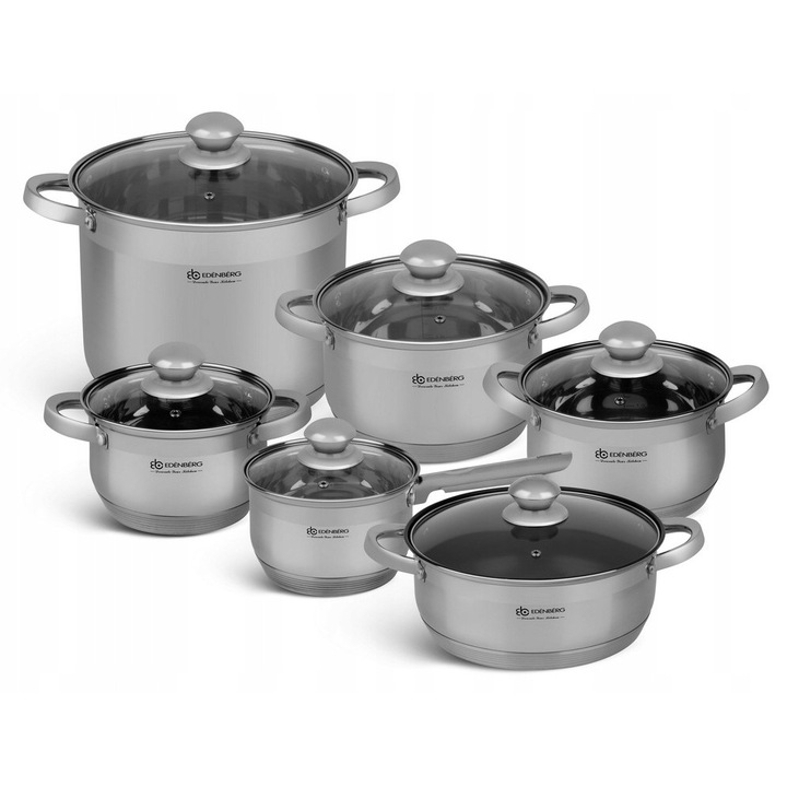 Edenberg 12 részes rozsdamentes edénykészlet, méretek: 16x10,5cm, 18x11,5cm, 20x12,5cm, 24x20cm, 2,1l, 3,0l, 4,0l, 9,0l