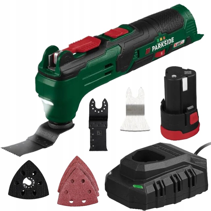 Parkside PAMFWS 12 A1 multifunkciós szerszám, 12V akkumulátoros készlet, 5-20.000 min, LED lámpával, 245x50x102mm