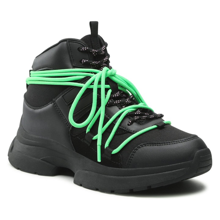 Ghete dama, Nylon Red, piele ecologica, negru, sireturi decorative verzi, talpa groasa, 37 EU