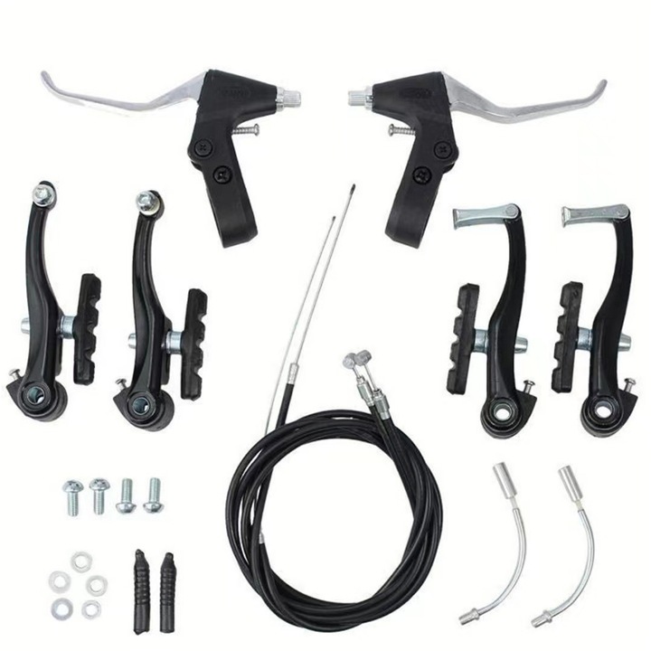 Set complet frane bicicleta montana, Minetgnon®, 2 perechi frane V negre, 1 pereche manete frana aluminiu, Cabluri frana fata si spate, Include suruburi, Potrivit pentru majoritatea bicicletel de munte, Aluminiu, Negru