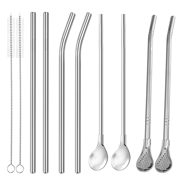 Set 10 Paie Reutilizabile Metalice Inox, Minetgnon®, Pentru Bauturi Reci, Cocktailuri, Whisky, Cadou, Bar Acasa, 21.5cm