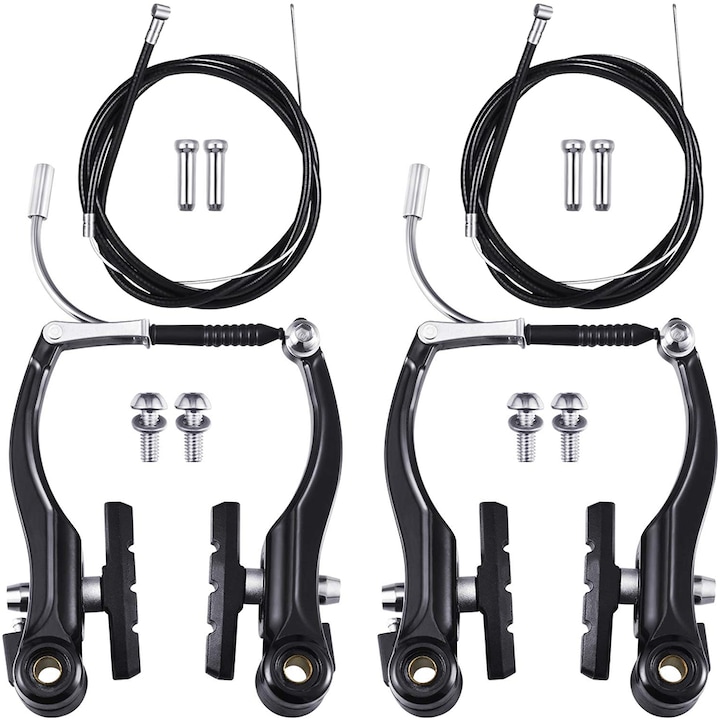 Set Frane V-Brake, Minetgnon®, 2 perechi frane V negre, Cabluri frana fata si spate, Include suruburi, Potrivit pentru majoritatea bicicletel de munte, Aluminiu, Negru