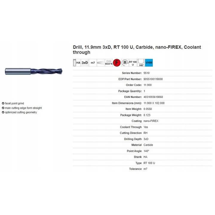 Set de burghie SuperLine 11,90mm, cu racire interna, 3xD, lungime totala 102mm, pentru materiale dure