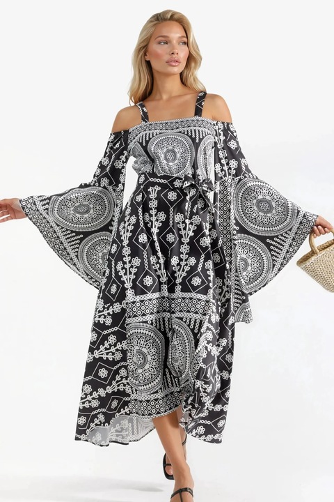 Rochie maxi, MSN Collection, decupaje geometrice, negru/alb, poliester-lycra