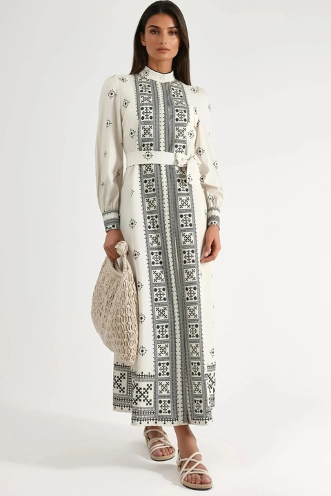 Rochie Maxi MSN Collection, guler mandarin, panouri geometrice, negru/ecru, textil