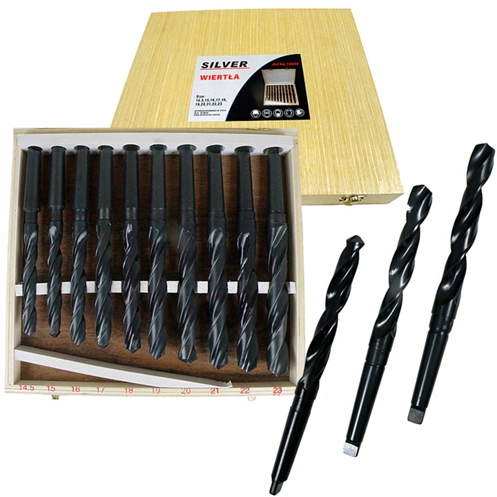 Set de 10 wiertla HSS, SilverTools, dimensiuni 14,5-23mm, cu prindere conica Morse MK2