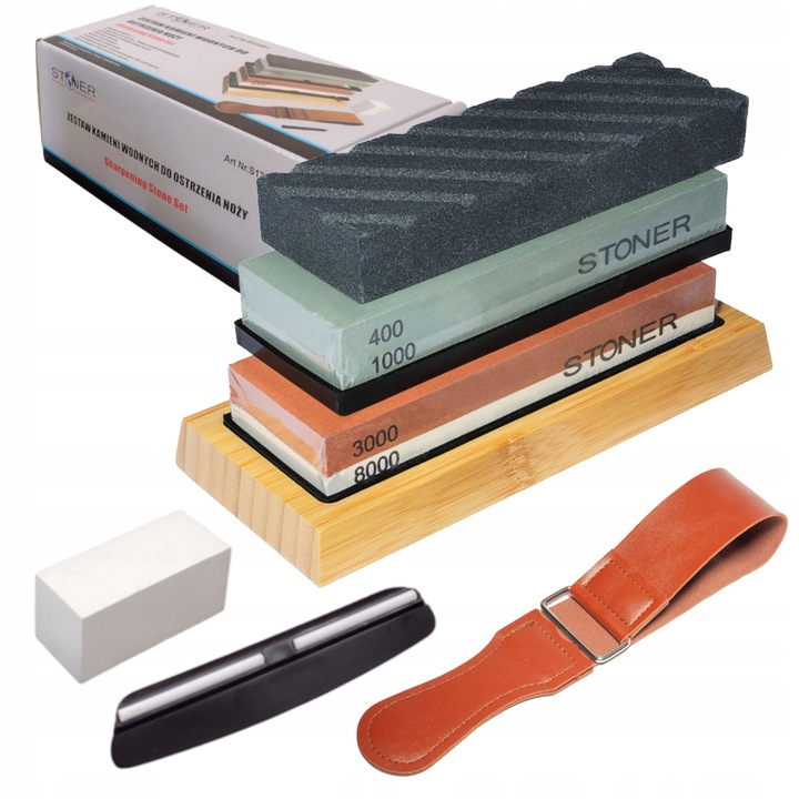 Set ascutitoare cutite Stoner, 11 elemente, granulatie 400/1000 si 3000/8000, baza bambus, antiderapant