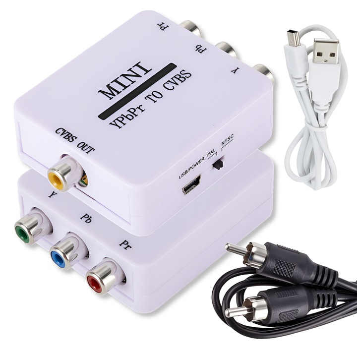 YPBPR-CVBS adapter, Arthon, USB kábellel és CVBS kábellel, 6x5.5x2cm