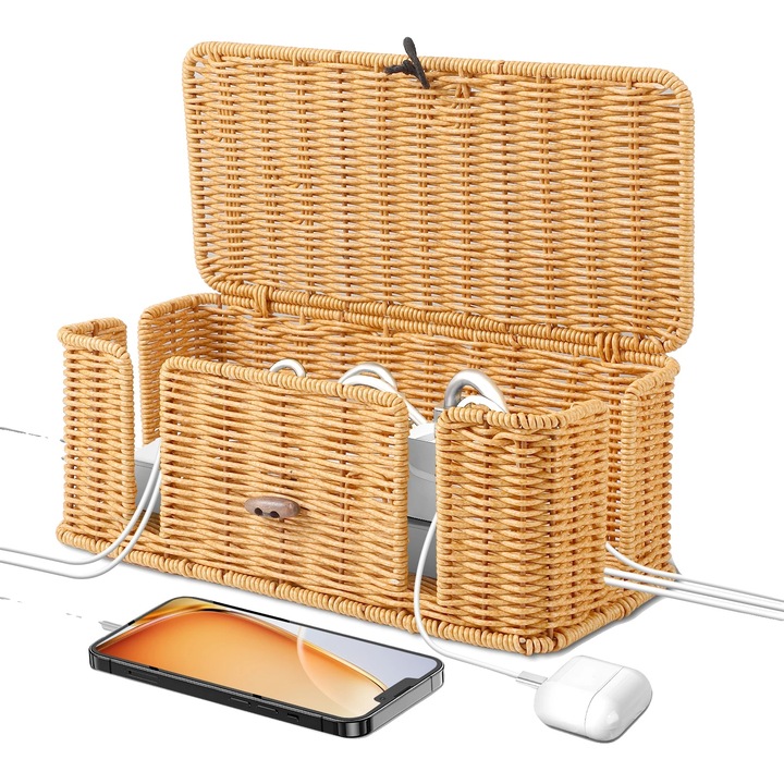 Cutie pentru organizarea cablurilor, rattan handmade, design cu deschideri, A