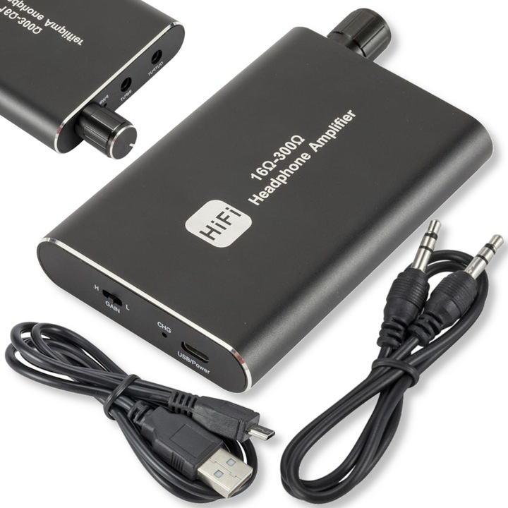 Amplificator casti Arthon HiFi 16-300O, Jack 3,5mm, dimensiuni 95x52x13mm, set cu cablu USB si Jack