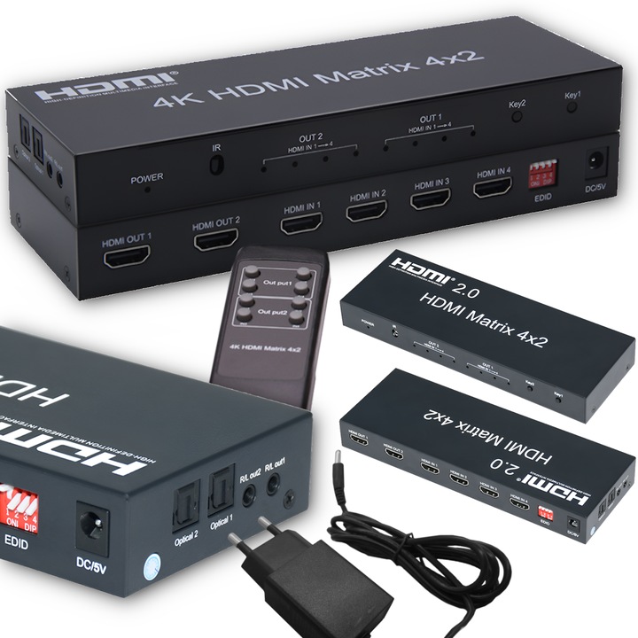 Switch HDMI Matrix 4x2 Arthon, 4 intrari, 2 iesiri, audio Toslink si jack, 224x88x25mm, cu telecomanda