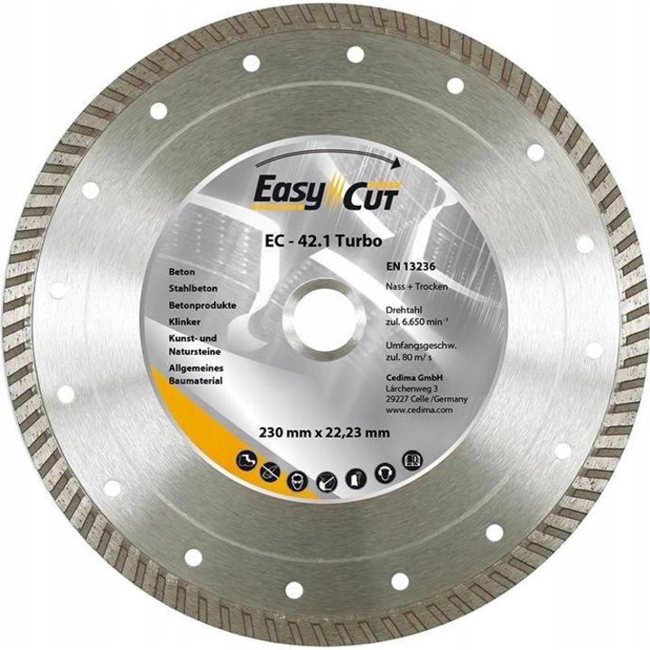 Disc diamantat Cedima, EC-42.1, 230x2,6x10mm, pentru taiere beton, granit, 22.23mm