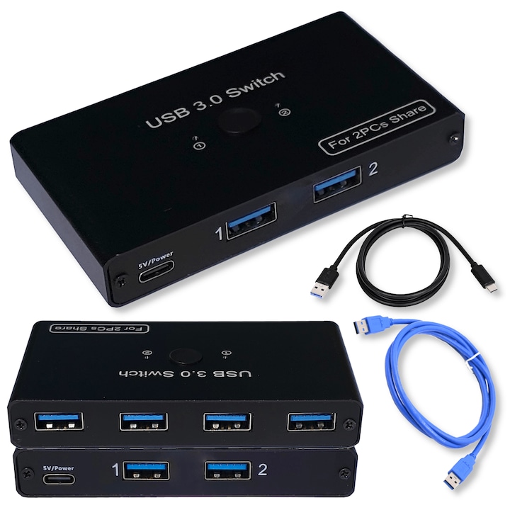 Switch KVM 4 porturi Arthon USB 3.0, 5 Gb/s, 92x53x16mm, set cu cablu USB