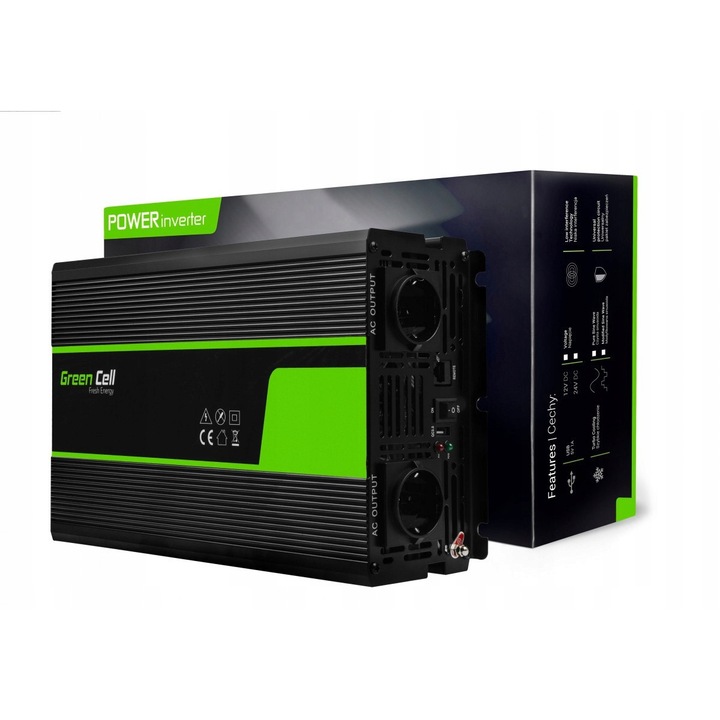 Inversor de tensiune Green Cell 3000W, 24V la 230V, cu port USB, negru, 41x20.9x9.3cm