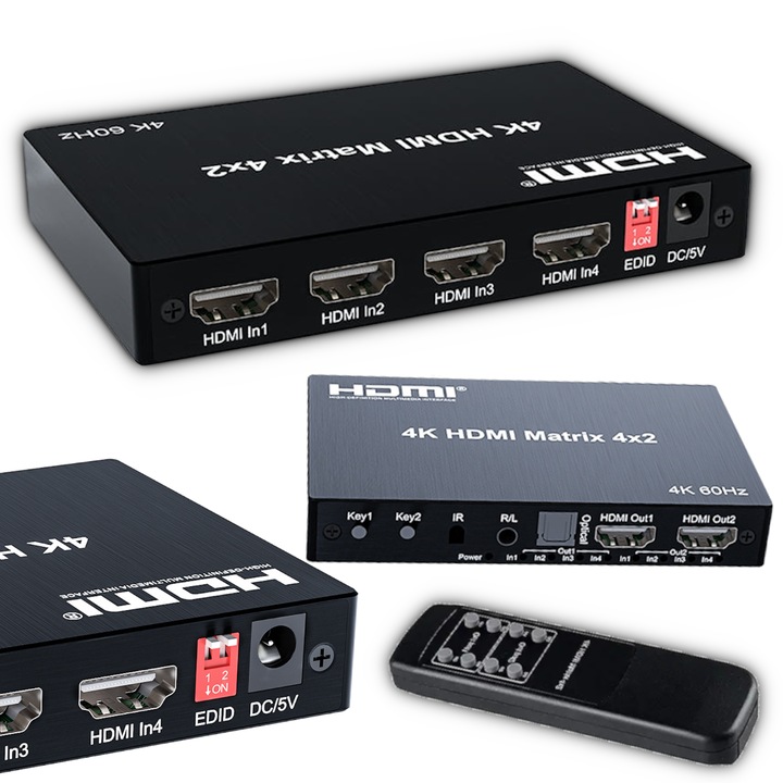 Switch HDMI Matrix 4x2 Arthon, 4K, extractor audio Toslink si Jack, cu telecomanda