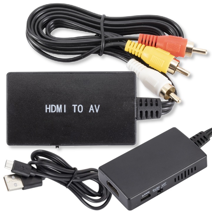 Converter HDMI la AV RCA, Arthon, suport NTSC/PAL, 1920x1080, set cu cablu micro USB