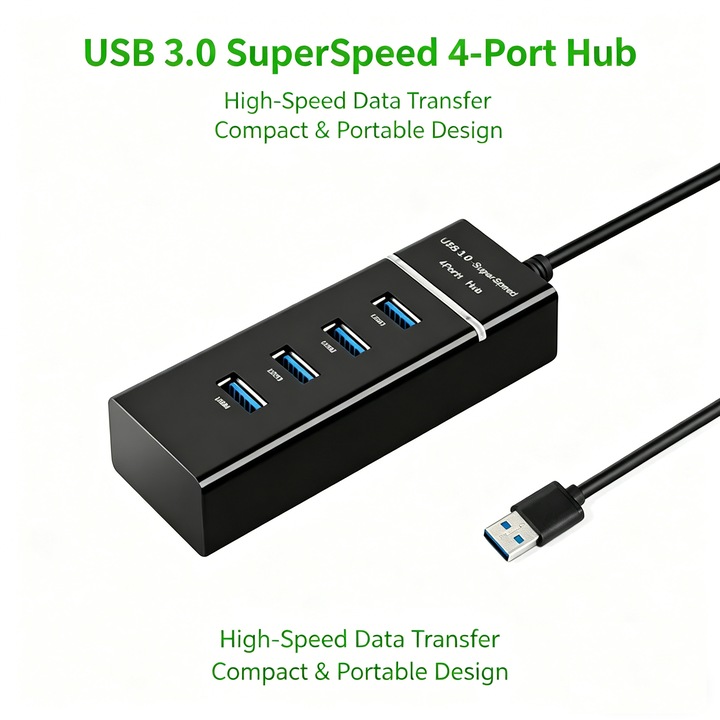 USB3.0 Hub 4 Portos, NexVortk®, 1xUSB 3.0+3xUSB 2.0, Széleskörű Kompatibilitás, USB-A Kábel, fekete