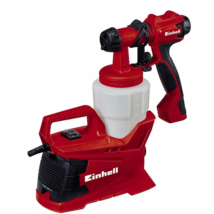 Pistol de vopsit/pulverizator Einhell TC-SY 600 S, 600W, rezervor 800 ml, duze 2,5/3 mm, debit 1000 ml/min, alimentare 230-240V, maner cauciucat, cap detasabil, furtun 1,8 m, rosu, 1 buc.
