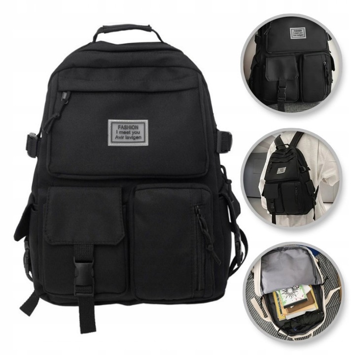 Ghiozdan scolar, negru, 45x35x17cm, panza, design modern, pentru scoala si excursii