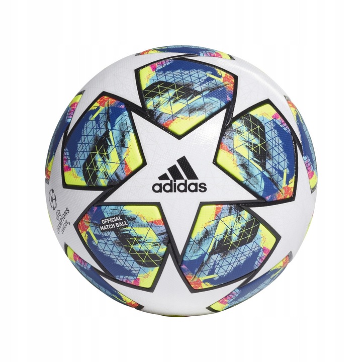 Minge fotbal Adidas Finale OMB, alb cu accente cyan-portocalie, dimensiune 5