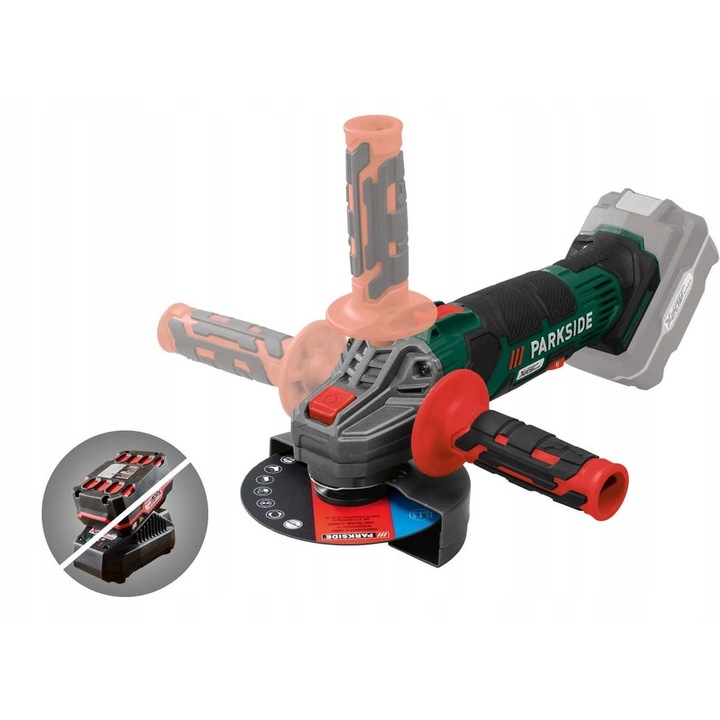 Polizor unghiular Parkside 20V 125mm, alimentare cu acumulator, antiderapant, cu protectie disc