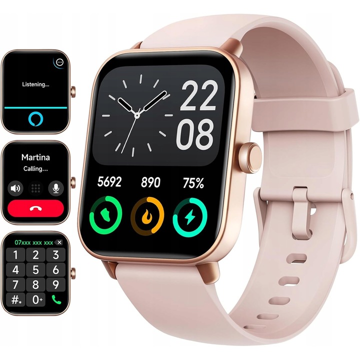 Smartwatch IDW19, roz, 1.8 inch, cu inregistrare distanta, puls, calorii arse, set cu incarcator si bratara bej cu inchidere aurie