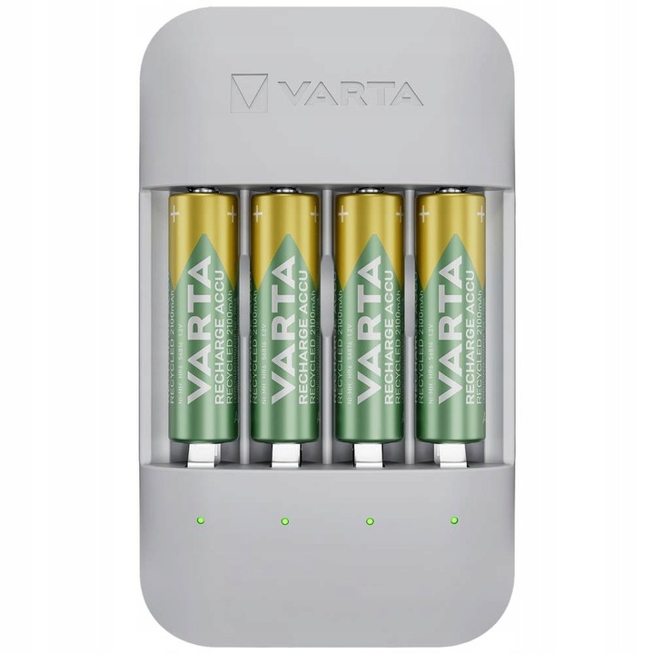 Incarcator Varta Eco Charger Pro, set 4 acumulatori AA 2100 mAh, 4 iesiri, fara plastic