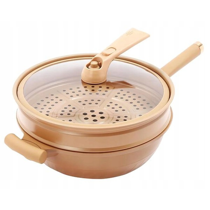 Oala cu capac 33 cm, 6L, aurie, cu suport pentru gatit la aburi si spatula