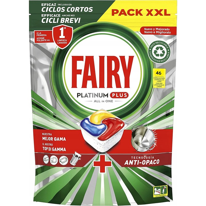 Kapsulki detergent vase Fairy Platinum Plus All in One 48 buc, multicolor, eficienta in cicluri scurte