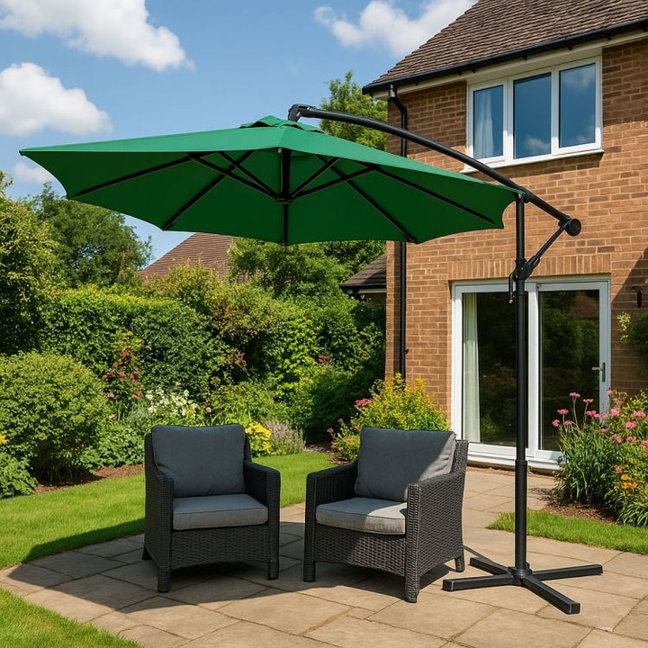 Umbrela de Gradina idealSTORE GreenGarden, Deschidere 300 cm, Pliabila, Cadru Solid, Rezistenta Sporita (UV50+), Mecanism Manivela, Reglaj Inclinare Copertina, Orificiu de Ventilatie, pentru Gradina, Terasa, Balcoane