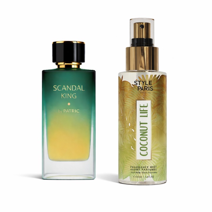 Set Parfum Scandal King by Patric 100 ml + Spray de Corp Coconut Life Style Paris 100 ml, Unisex, Persistent, Fresh