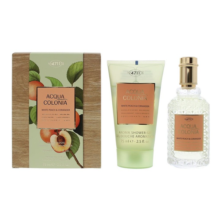 Set 4711: Acqua Colonia White Peach & Coriander, Apa de Cologne, Unisex, 50 ml + Acqua Colonia, White Peach & Coriander, Gel de Dus Hidratant, Pentru Corp, Pentru Toate Tipurile de Piele, 75 ml