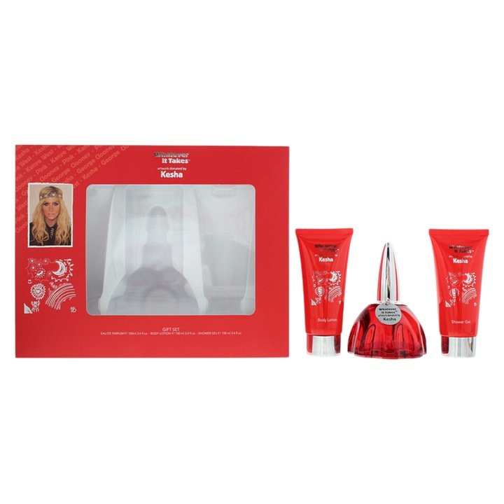 Kesha szett: Whatever It Takes, Eau de Parfum, Nőknek, 100 ml + Whatever It Takes, Hidratáló, Testápoló, 100 ml + Whatever It Takes, Hidratáló, Tusfürdő, Minden bőrtípusra, 100 ml