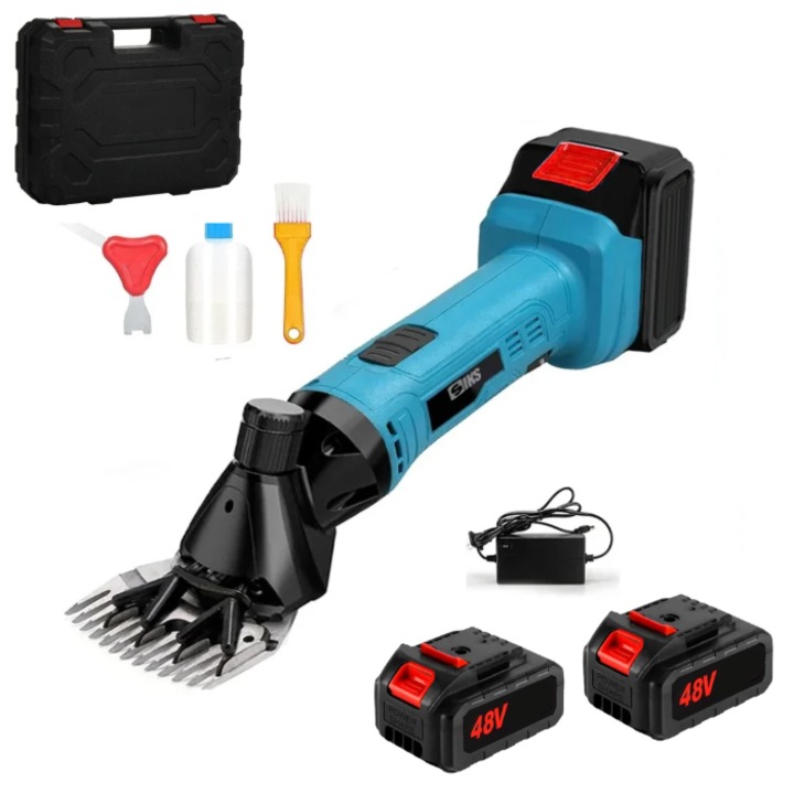 Masina De Tuns Oi Electrica SIKS Cu Acumulator 48V, Profesionala, 6 Viteze Reglabile, Marime Fir Reglabila, Foarfeca Ideala Pentru Animale, Oi, Capre, Caini, Lame Din Otel Ascutite Cu Laser, Trusa Transport Si 2 Acumulatori Inclusi, Albastru / Negru
