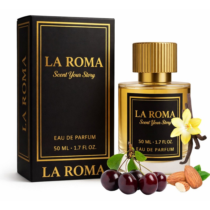 Apa de Parfum La Roma U-1 Cherries, Unisex, cu cirese amare, migdale si vanilie, oriental-gurmand, persistent si intens, seducator, memorabil, 50ml