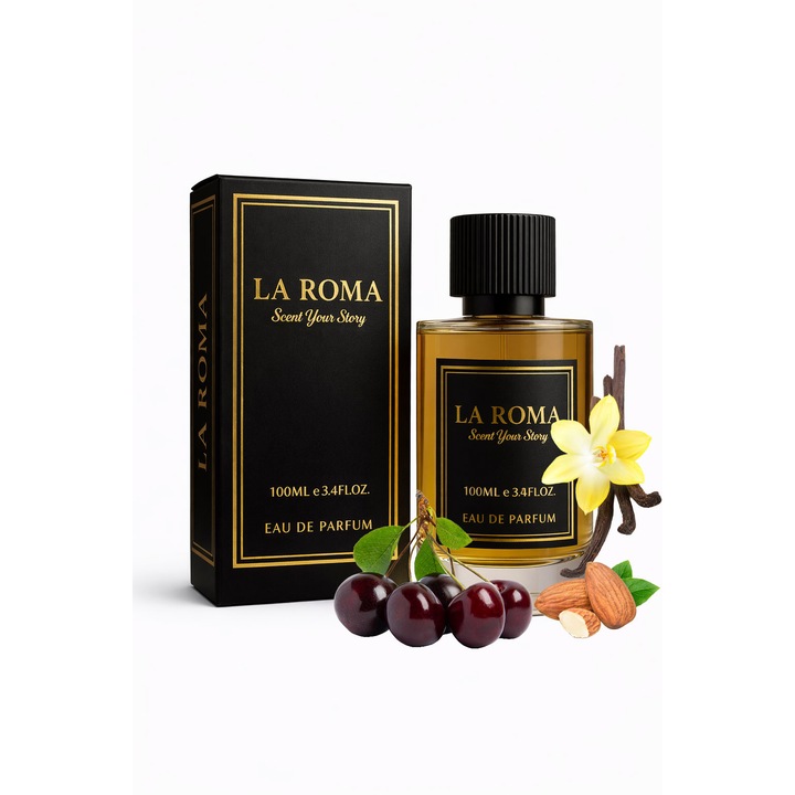 La Roma U-1 Cherries Eau de Parfum, unisex, keserű cseresznyével, mandulával és vaníliával, keleties-gurmand, hosszan tartó és intenzív, csábító, emlékezetes, 100 ml