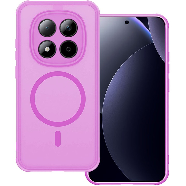 Husa cu magnet pentru Xiaomi Redmi Note 15 Pro Plus 5G, Magnetic Defense Remastered, Policarbonat mat, Spate fumuriu, Colturi cu protectie antisoc, Atasare magnetica, Wireless charging, Roz deschis