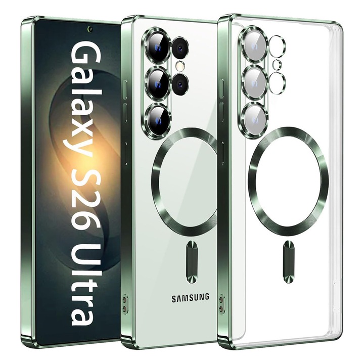 Защитен калъф с MagSafe за Samsung Galaxy S26 Ultra, силен магнит, бързо зареждане, AntiShock, ProCore Tech, прецизни изрези, метален детайлен дизайн, зелен