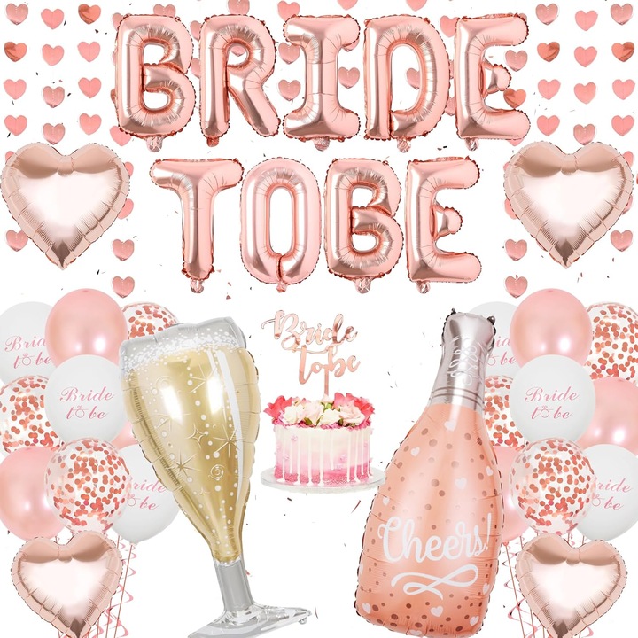 Set 39 Baloane si decoratiuni Petrecerea Burlacitelor, Topper tort, Mesaj Bride To Be, Folie si latex, Roz