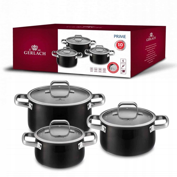 Set oale 6 el., Prime, inox, negru, 18cm, 20cm, 24cm