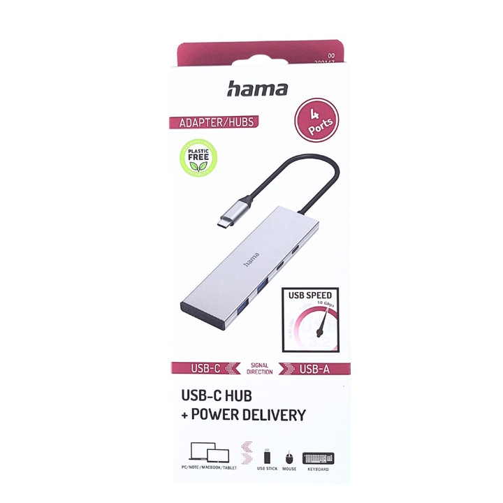 Hub USB-C Hama 4 porturi, 2xUSB-A, 2xUSB-C, aluminiu, gri