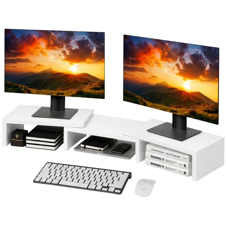 Suport Dual pentru Monitor ComfortCove, Extensibil 78-116.5 cm, Organizator Birou pentru 2 Monitoare / Laptop, Spatiu Depozitare, Alb