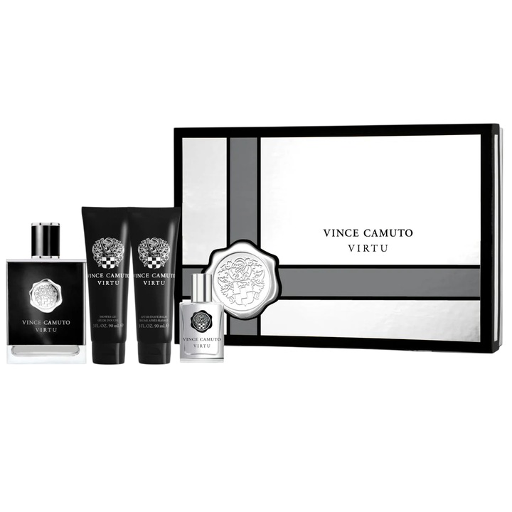 Set Vince Camuto: Virtu, Apa de Toaleta, Pentru Barbati, 100 ml + Virtu, Apa de Toaleta, Pentru Barbati, 15 ml + Virtu, Balsam Hidratant Dupa Barbierit, 90 ml + Virtu, Gel de Dus, Pentru Corp, 90 ml