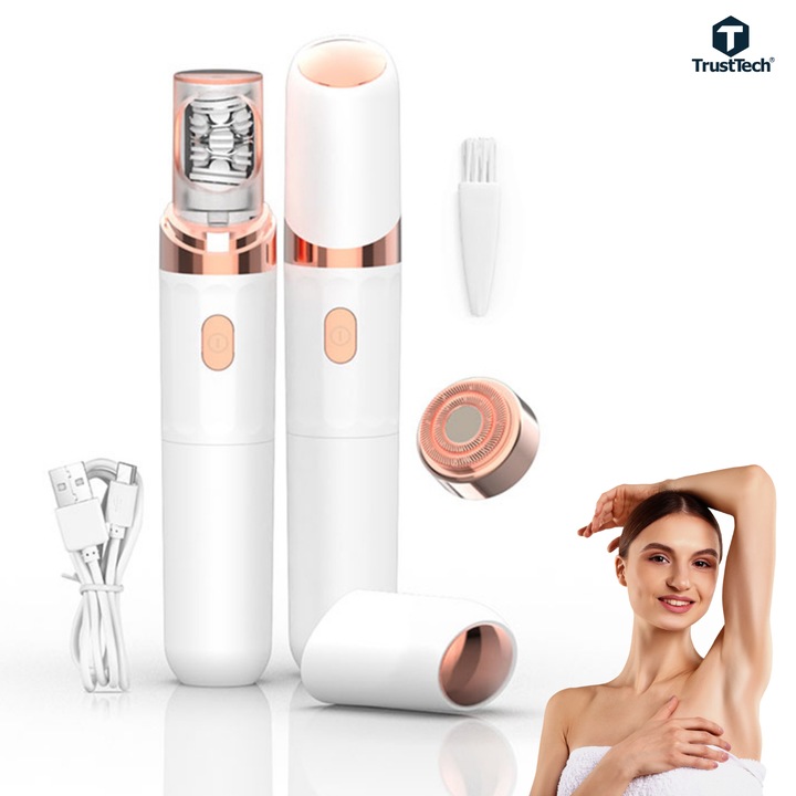 Miniepilator si Shaver TrustTech 2 in 1, mini epilator facial si corporal, pentru puf facial, zona bikinilor, brate, picioare si retusuri rapide 2 capete, IPX7 waterproof, reincarcabil USB Type-C, 350mAh, 60 min autonomie, Alb