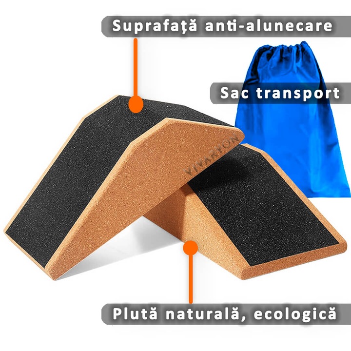 Set 2 Caramizi yoga si fitness VIVARYON din pluta naturala si suprafata anti-alunecare, platforme cu plan inclinat pentru genuflexiuni, stretching, ridicare greutati + Saculet de transport inclus