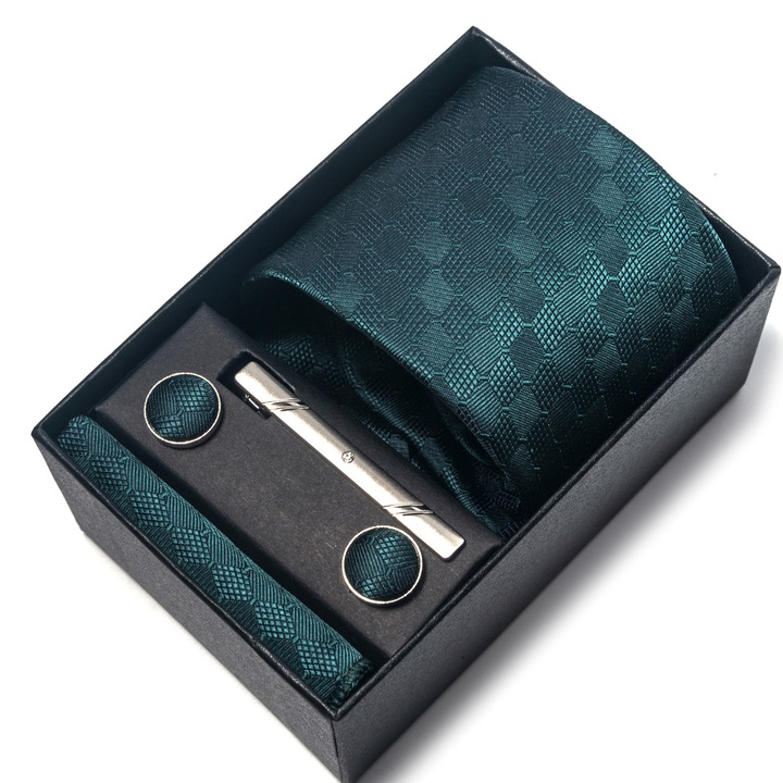 Set elegant 5 piese, MENZ®, model Noble, cravata, ac cravata, batista, butoni, cutie cadou, verde smarald