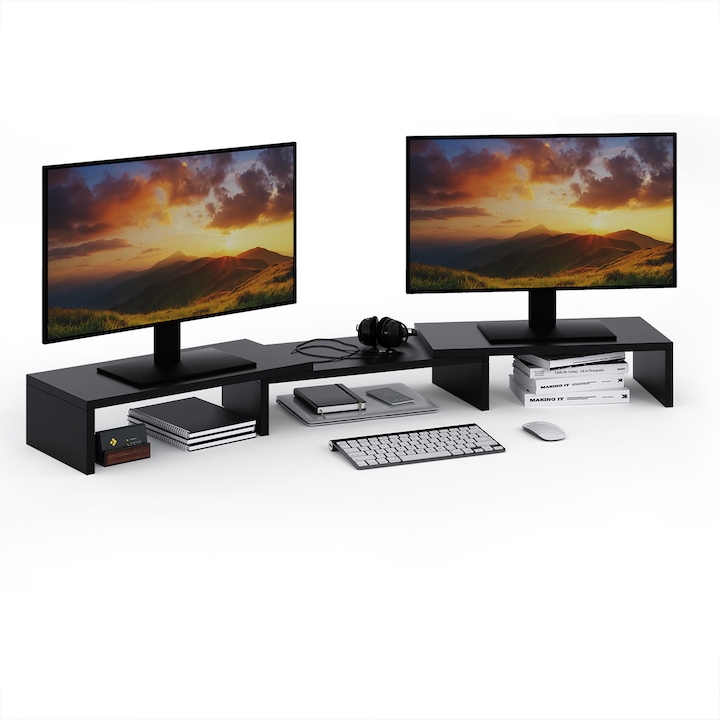 Suport Dual pentru Monitor ComfortCove, Extensibil 78-116.5 cm, Organizator Birou pentru 2 Monitoare / Laptop, Spatiu Depozitare, Negru