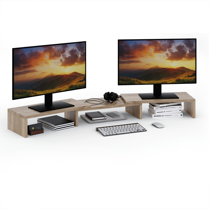 Suport Dual pentru Monitor ComfortCove, Extensibil 78-116.5 cm, Organizator Birou pentru 2 Monitoare / Laptop, Spatiu Depozitare, Stejar
