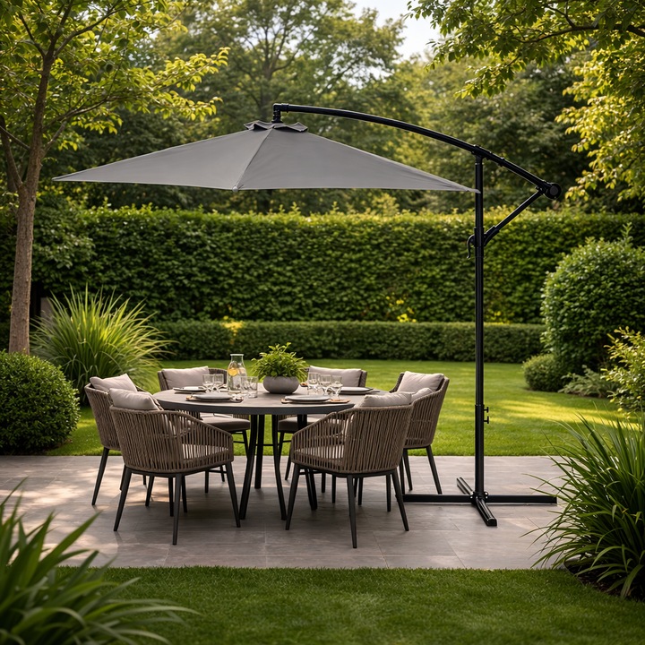Umbrela de Gradina idealSTORE GreyGarden, Deschidere 300 cm, Pliabila, Cadru Solid, Rezistenta Sporita (UV50+), Mecanism Manivela, Reglaj Inclinare Copertina, Orificiu de Ventilatie, pentru Gradina, Terasa, Balcoane