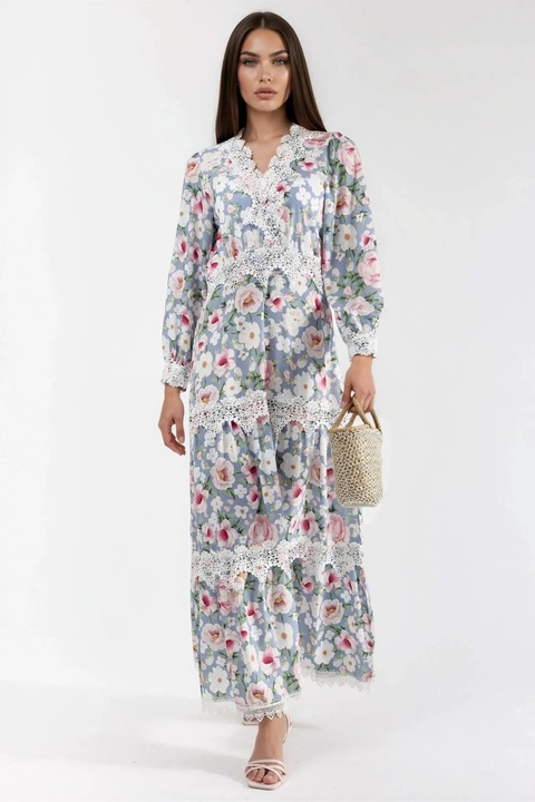 Rochie Maxi, MSN Collection, Decolteu in V, Multicolor, Poliester/Bumbac/Lycra